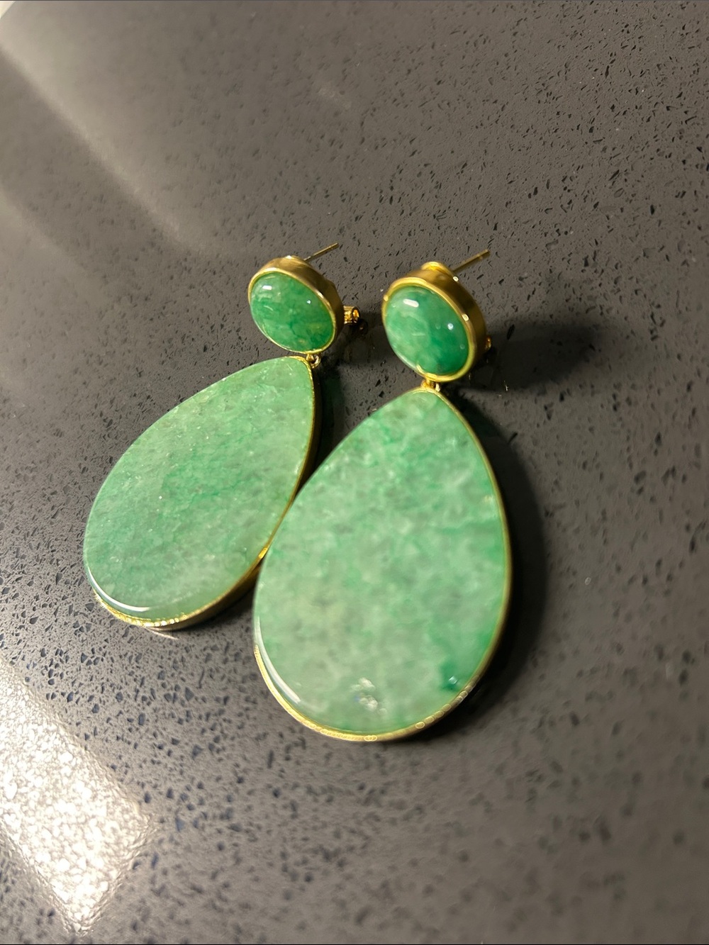 Green Jade Teardrop Stone Drop Earrings - Gold Trim